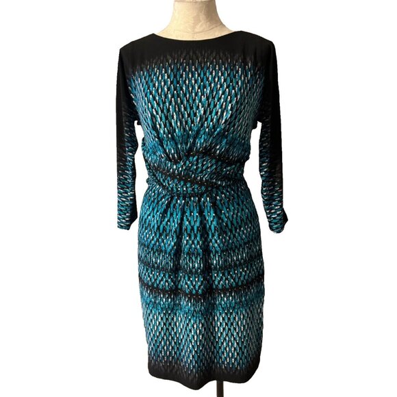 Anne Klein Dress 6 Blue Green Ivory 3/4 Sleeve Stretch Midi Washable Career NEW - Picture 1 of 9